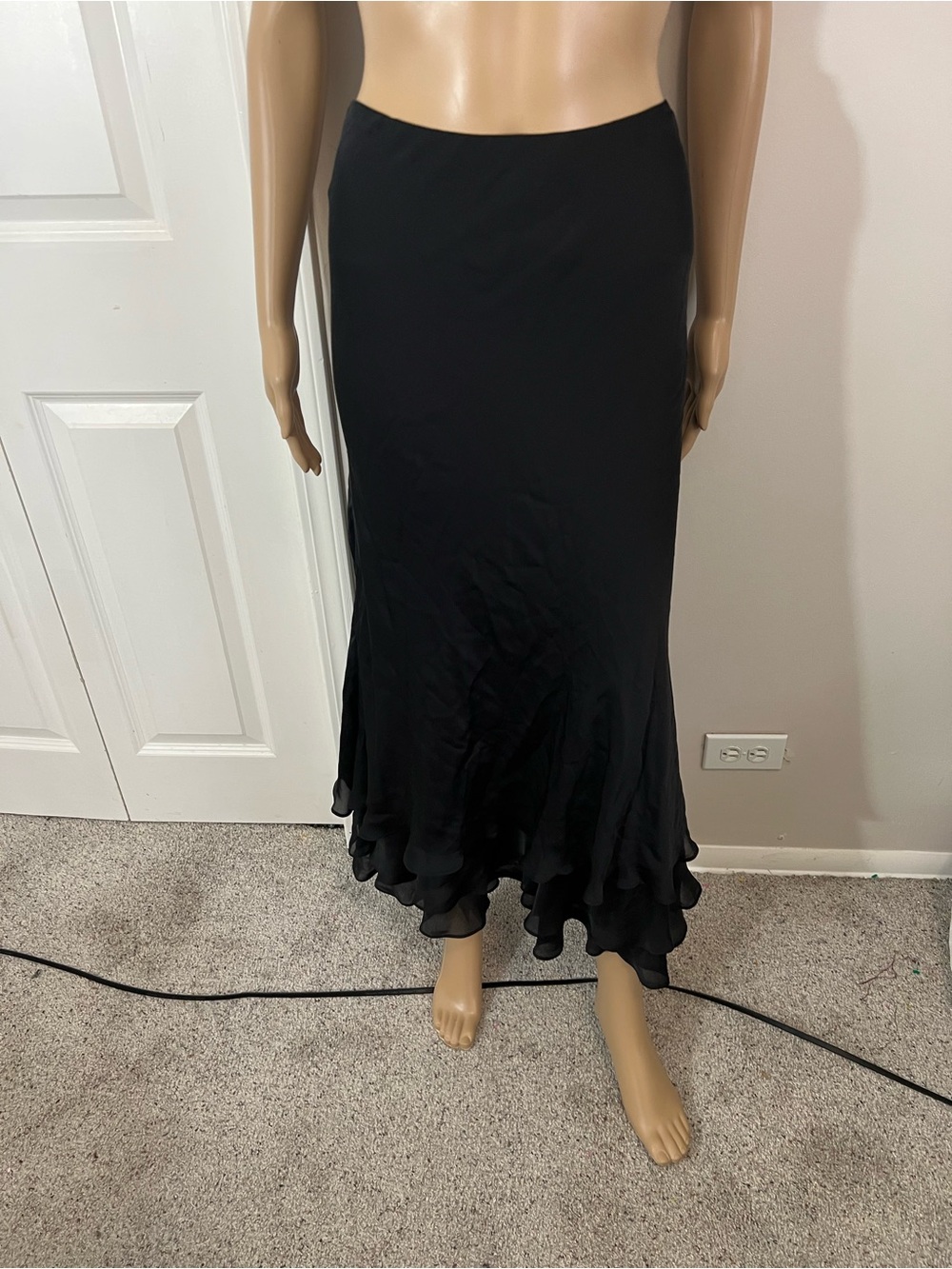 Vintage Lauren Ralph Lauren 100% Silk Black Ruffle-Hem Maxi Skirt,Sz.Large